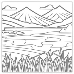 Nice Mountain, river and Sky landscape coloring Book. Vector illustration.