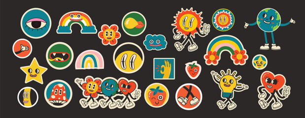 70's groovy illustrations for the posters, cards or stickers with hippie cute colorful funky character concepts of crazy geometric, dripping emoticon. Only good vibes sentence