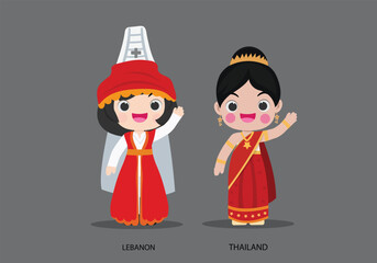 Lebanon and Thailand in national dress vector illustrationa