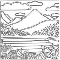 Nice Mountain, river and Sky landscape coloring Book. Vector illustration.