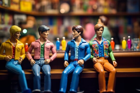 Fictional Gay Men - Plastic Dolls,  Having fun at a colourful Gay Bar, Generative AI Illustration