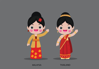 Obraz na płótnie Canvas Malaysia and Thailand in national dress vector illustrationa