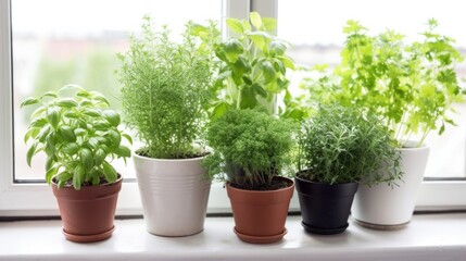 Different aromatic potted herbs on windowsill indoors. Generative AI.