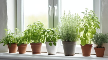 Different aromatic potted herbs on windowsill indoors. Generative AI. - obrazy, fototapety, plakaty