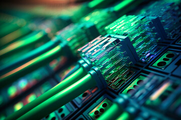 Ethernet cables connect to an internet switch, illustrating the backbone of a data center
