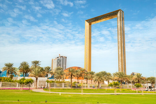 13 January 2023, UAE, Dubai: Dubai frame striking gold color and impressive height, it is a must-see attraction for anyone visiting the city