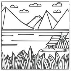 Nice Mountain, river and Sky landscape coloring Book. Vector illustration.