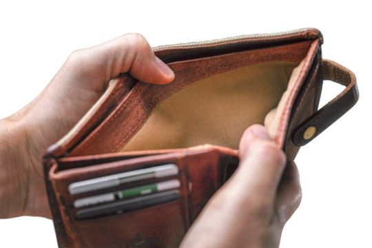 Hands holding an empty wallet - isolated from background