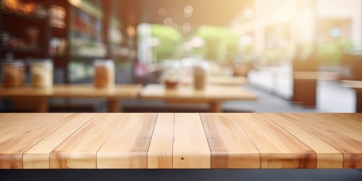 Wooden board empty Table Top And Blur Interior over blur in coffee shop Background, Mock up for display of product by ai generative