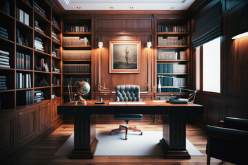 Large office with wooden bookshelf covered walls, and large wooden desk. Generative AI