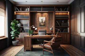 Large office with wooden bookshelf covered walls, and large wooden desk. Generative AI