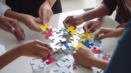 International team of coworkers sitting around table, putting colorful puzzles together, teamwork concept, by ai generative