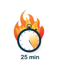 25 minutes clock on fire icon. Poster or banner. Special and limited offer for customers. Discounts and promotions, marketing and advertising. Cartoon flat vector illustration