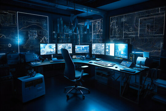 The computer equipment and screens in the dark room represent a dedicated space for programming and software development