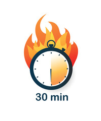 30 minutes clock on fire icon. Half hour, time management and motivation. Organization of effective workflow and deadline. Template, layout and mock up. Cartoon flat vector illustration