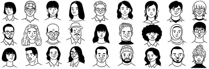 Big set portrait illustration of different people, ethnicity, diverse, various races, multiracial, Asian, caucasian, african, chinese, indian, american, muslim. Outline, linear, thin line art. - obrazy, fototapety, plakaty