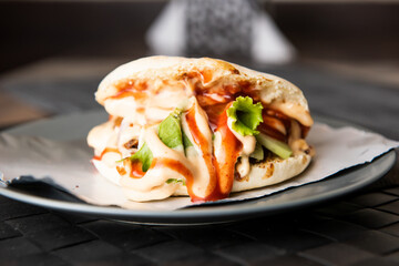 Arabian Chicken Shawarma served in dish top view of fastfood