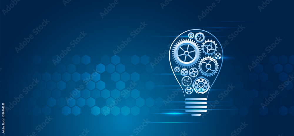 Poster Mechanism consisting of gears and a light bulb on a blue background for presentation. Cogwheel for science experiment presentation, Futuristic high tech concept. Business and industry internet banner