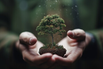Nature protection and planet Earth protection concept. Man hands holding growing small tree in hands. Planting trees and save nature and forest idea. Generative AI