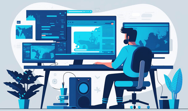 Man creating a website flat illustration. Generative AI.