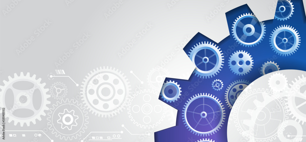 Poster The mechanism consisting of gears on a gray background for the presentation. Cogwheel for science experiment presentation, Futuristic high tech concept. Business and industry internet banner