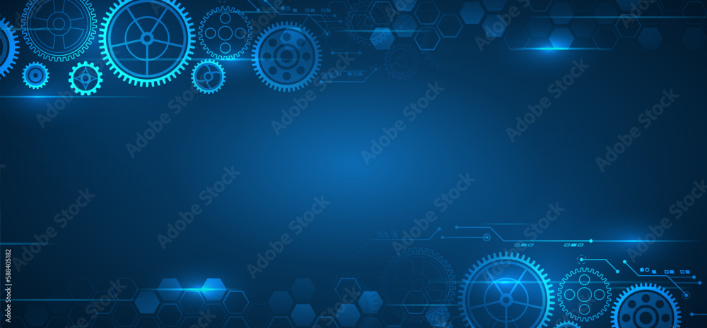 Aufkleber Business and industry internet banner. The mechanism consisting of gears on a blue background for the presentation. Cogwheel for science experiment presentation. Futuristic high tech concept.