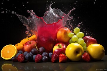 Fototapeta na wymiar Artistic Exploding Fruit and splashing fruit juice, dark background | Generative AI