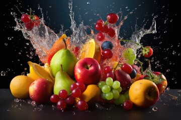 Fototapeta na wymiar Artistic Exploding Fruit and splashing fruit juice, dark background | Generative AI