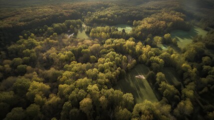Naklejka na ściany i meble Aerial view of green grass and trees on a golf field. Generative Ai.