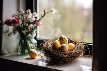Spring Still life with Easter eggs in pastel colors. Easter eggs in a straw nest on a vintage aged windowsill. Easter in the village creative composition. Generative AI art. 