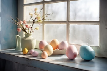 Spring Still life with Easter eggs in delicate pastel colors. Easter eggs on a vintage aged windowsill. Easter in the village. Generative AI art. Retro tableware, white vase with flowers.