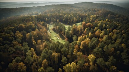 Fototapeta na wymiar Aerial view of green grass and trees on a golf field. Generative Ai.