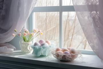 Spring Still life with Easter eggs in delicate pastel colors. Easter eggs in a plate on a vintage aged windowsill. Easter in the village. Generative AI art. Retro tableware, white fabric curtains.