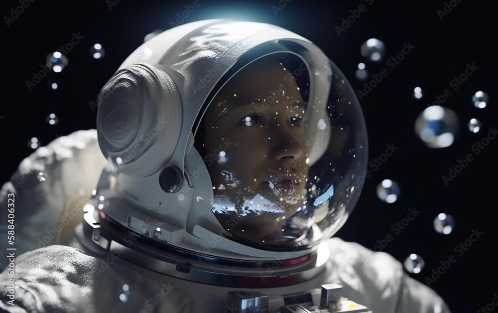 Wall mural close-up of an astronaut's face encased in a helmet, surrounded by floating soap bubbles, capturing 
