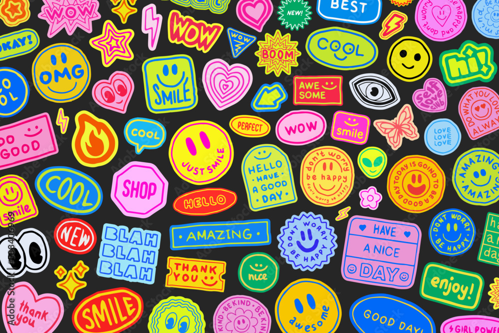 Aufkleber cool groovy hand drawn stickers background. y2k patches collage. pop art illustration vector design.