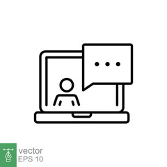 Virtual learning icon. Video training, digital meeting on laptop, live talk concept. Simple outline style. Thin line symbol. Vector illustration isolated on white background. EPS 10.