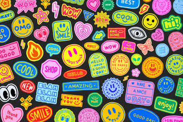 Cool Groovy Hand Drawn Stickers Background. Y2k Patches Collage. Pop Art Illustration Vector Design. Funky Pattern.