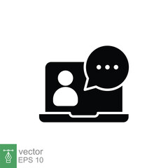 Virtual learning icon. Video training, digital meeting on laptop, live talk concept. Simple solid style. Black silhouette, glyph symbol. Vector illustration isolated on white background. EPS 10.