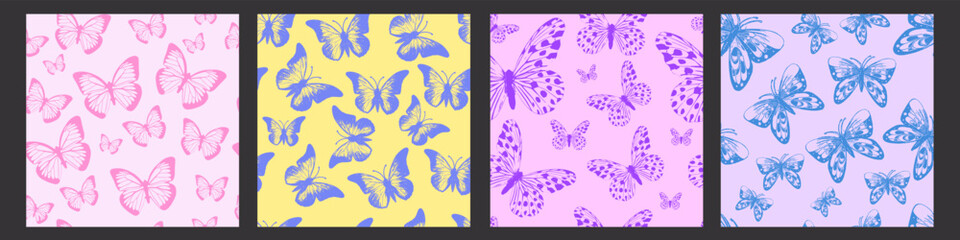 Cool Y2K Butterfly Seamless Pattern Set Vector Design. Trendy Groovy Background. Retro Vintage Texture.
