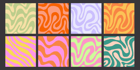 Set of Cool Y2K Abstract Geometric Backgrounds. Acid Style Backdrop. Trendy Groovy Pattern Textures.