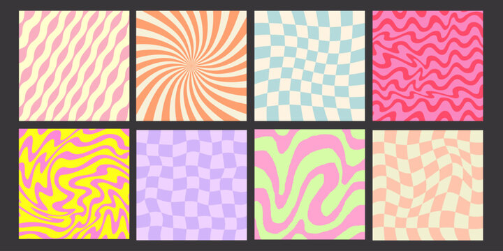 Set of Cool Y2K Abstract Geometric Backgrounds. Acid Style Backdrop. Trendy Groovy Pattern Textures.
