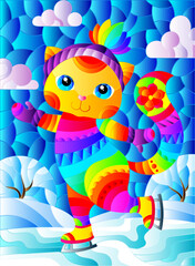 Stained glass illustration with a cute cartoon cat on skates against a winter landscape, a rectangular image