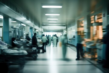 Blurry hospital scene, ideal for healthcare backgrounds with lots of copy space created by generative AI