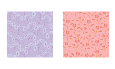 Set of floral seamless pattern on purple and red  backgrounds.ai