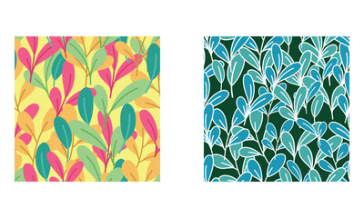 Set of plants seamless pattern on darkblue and yellow backgrounds