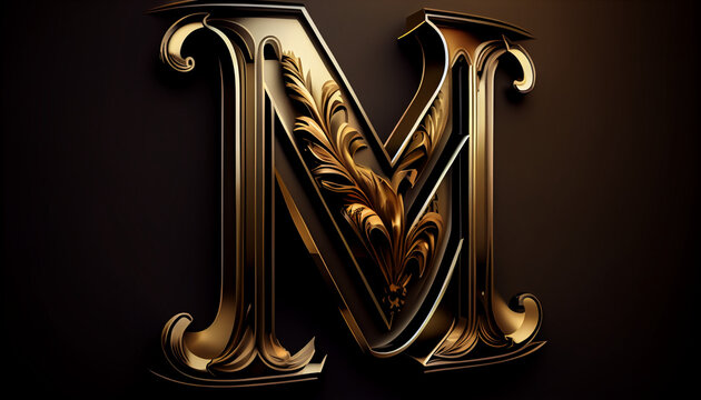Capital letter M ateampunk alphabet in gold and black colour created with generative Ai technology