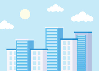 Vector illustration of a big city. Cityscape. Daytime cityscape in a flat style and delicate cool colors .