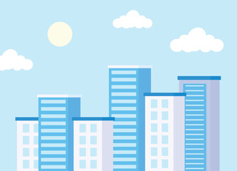 Obraz premium Vector illustration of a big city. Cityscape. Daytime cityscape in a flat style and delicate cool colors .