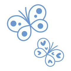 Cartoon blue butterflies with hearts on wings and circles. Cute line drawn character for kids design. Flat monochrome vector illustration isolated on white background. Two butterflies
