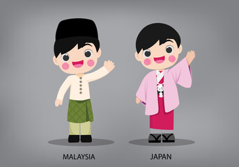 Obraz na płótnie Canvas Malaysia and Japan international characters in traditional costume vector